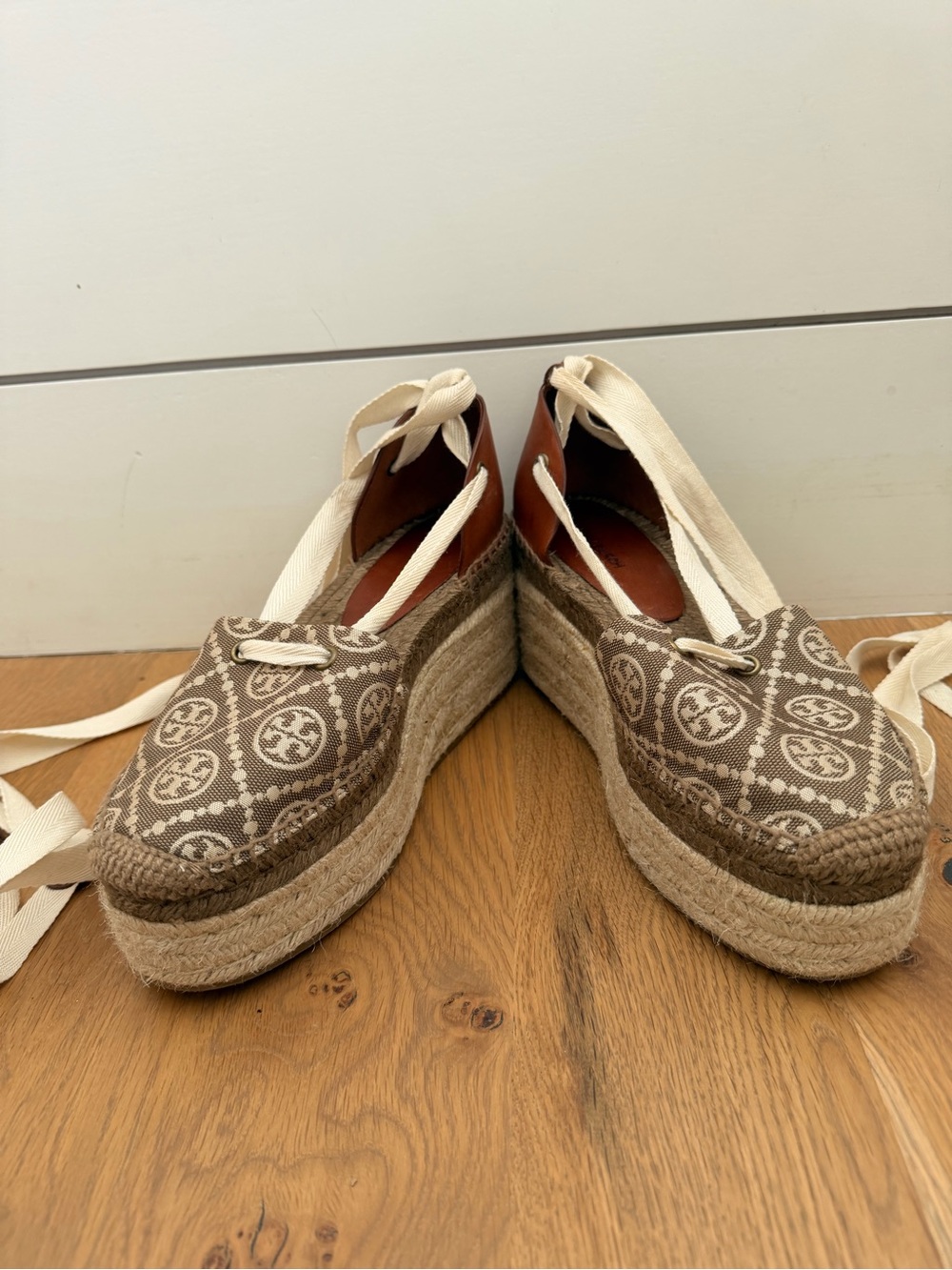 Tory Burch Woven Lace-Up Platform Espadrilles in Brown